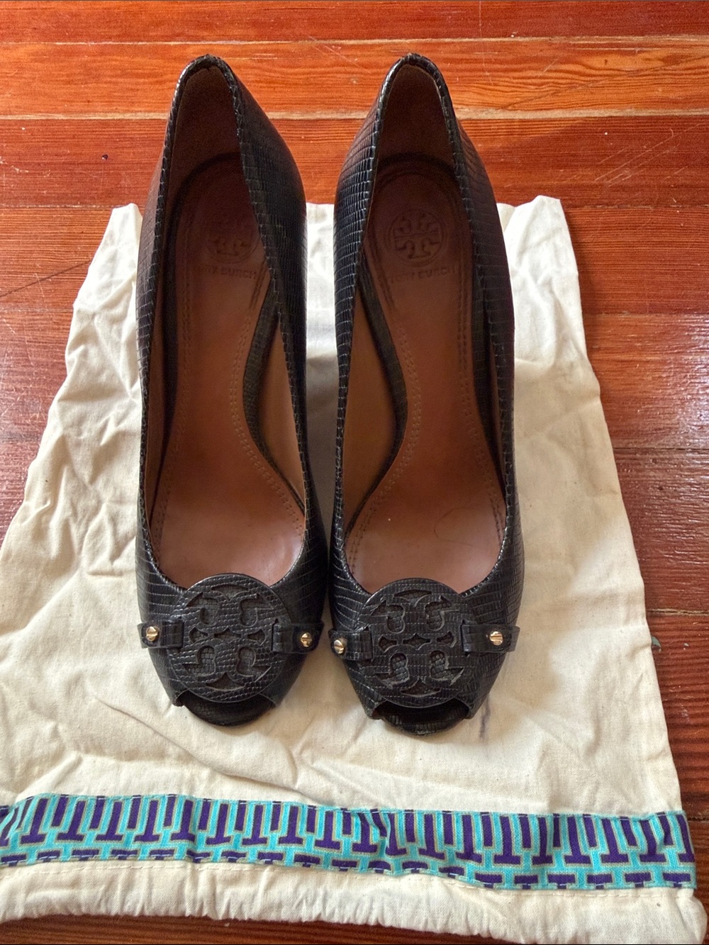 Tory Burch Black Snake Embossed Logo Peep-Toe Wedges